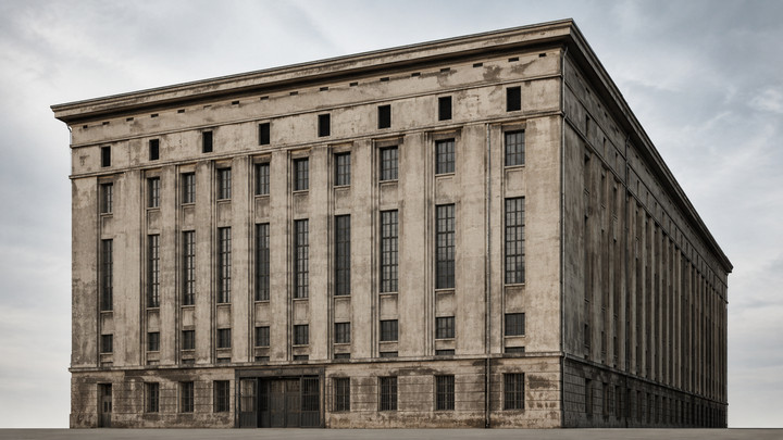 Illustratie van het Berghain-gebouw in Berlijn met de karakteristieke industriële gevel