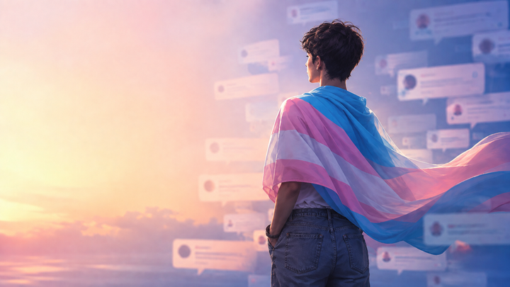 Androgyne persoon in regenboogkleuren bij blog over transphobie en begrip
