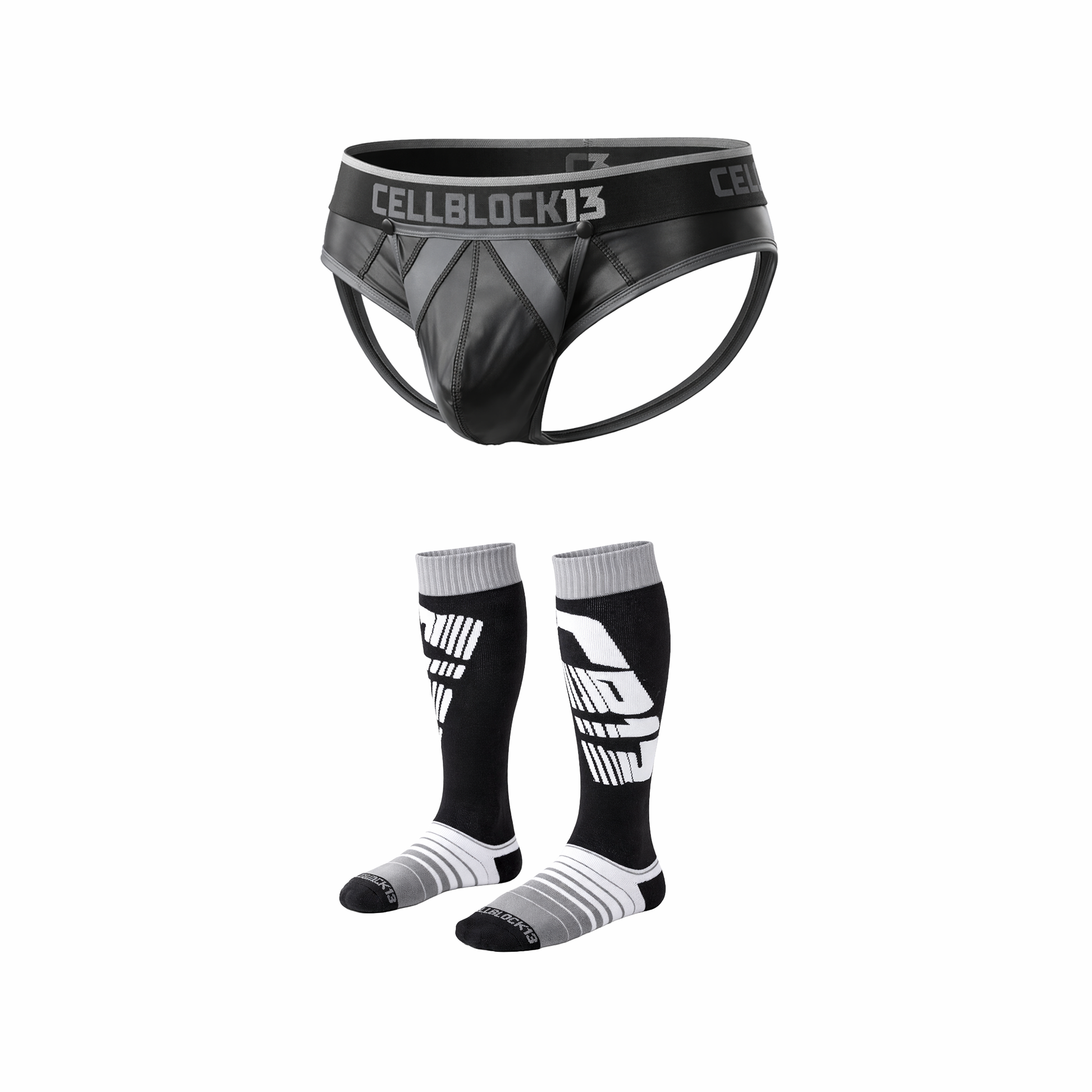 CELLBLOCK 13 Multipack Anti-Chrome Snap Up Jock Brief + Velocity 2.0 Knee High Sock Grey
