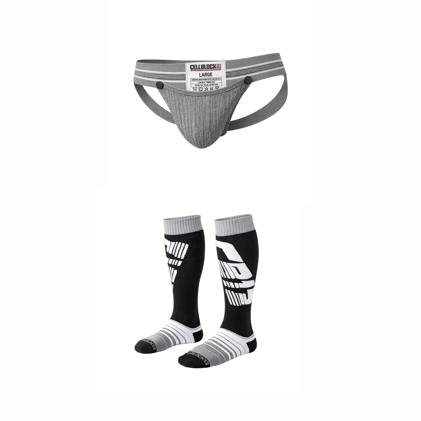CELLBLOCK 13 Multipack Tight End 2 inch Snap Up Jock + Velocity 2.0 Knee High Sock Grey