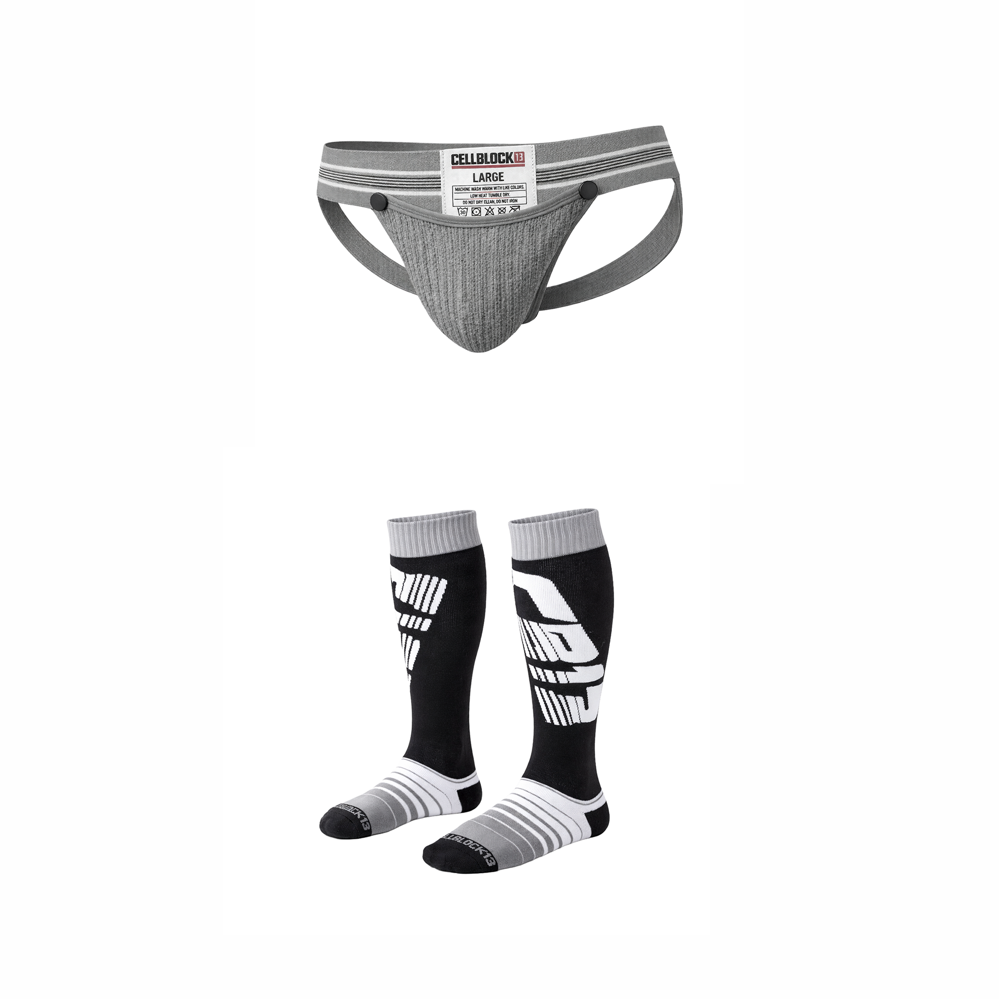 CELLBLOCK 13 Multipack Tight End 2 inch Snap Up Jock + Velocity 2.0 Knee High Sock Grey
